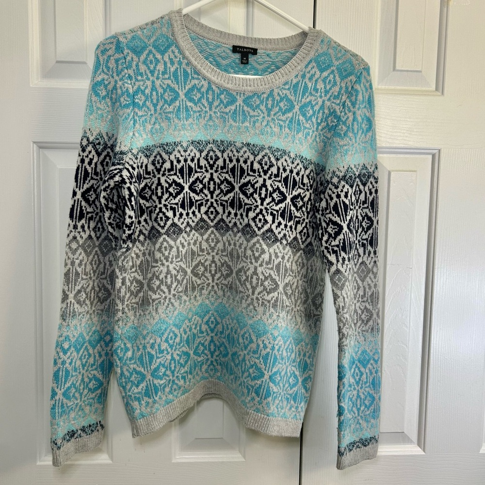 Talbots Fair Isle Lambswool Blend Crew Neck Blue & Grey Sweater Size Medium